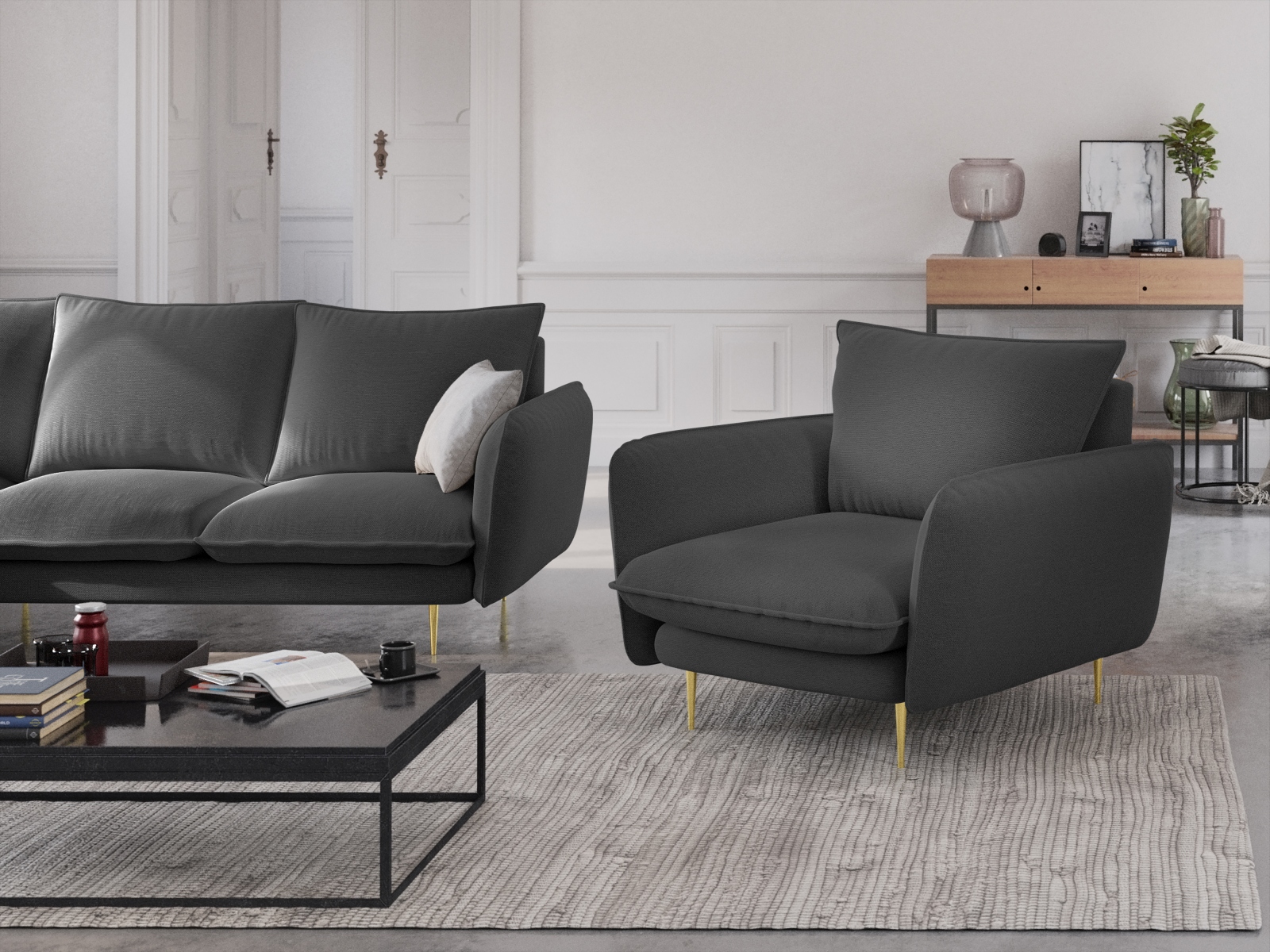 Cosmopolitan Design Sessel Vienna Strukturierter Stoff Positano Dunkelgrau Melange Beine Gold