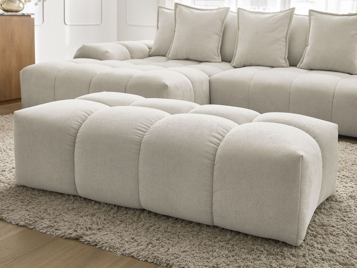 Bobochic Everest Ecksofa mit Schlaffunktion und Bettkasten und Pouf 318 × 180 cm, 7 Kissen Strukturstoff Beige Ecke links