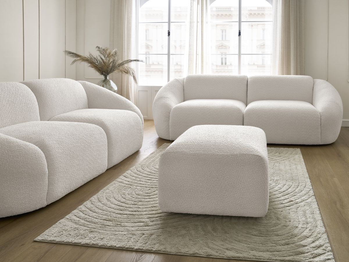 Bobochic Tina Sofa 6-Sitzer mit Pouf Bouclé-Stoff Weiß