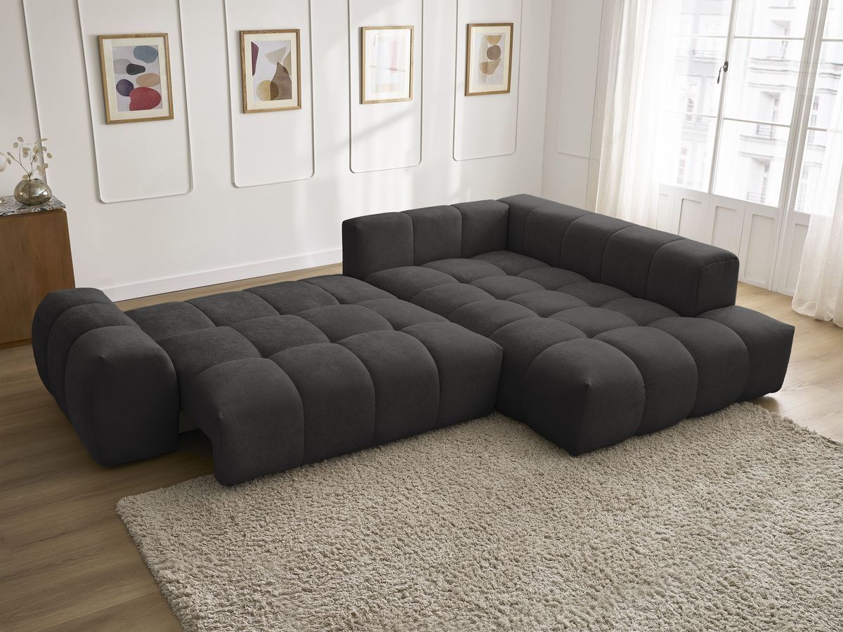 Bobochic Everest Ecksofa mit Schlaffunktion und Bettkasten 320 × 212 cm, 10 Kissen Strukturstoff Schwarz Ecke rechts