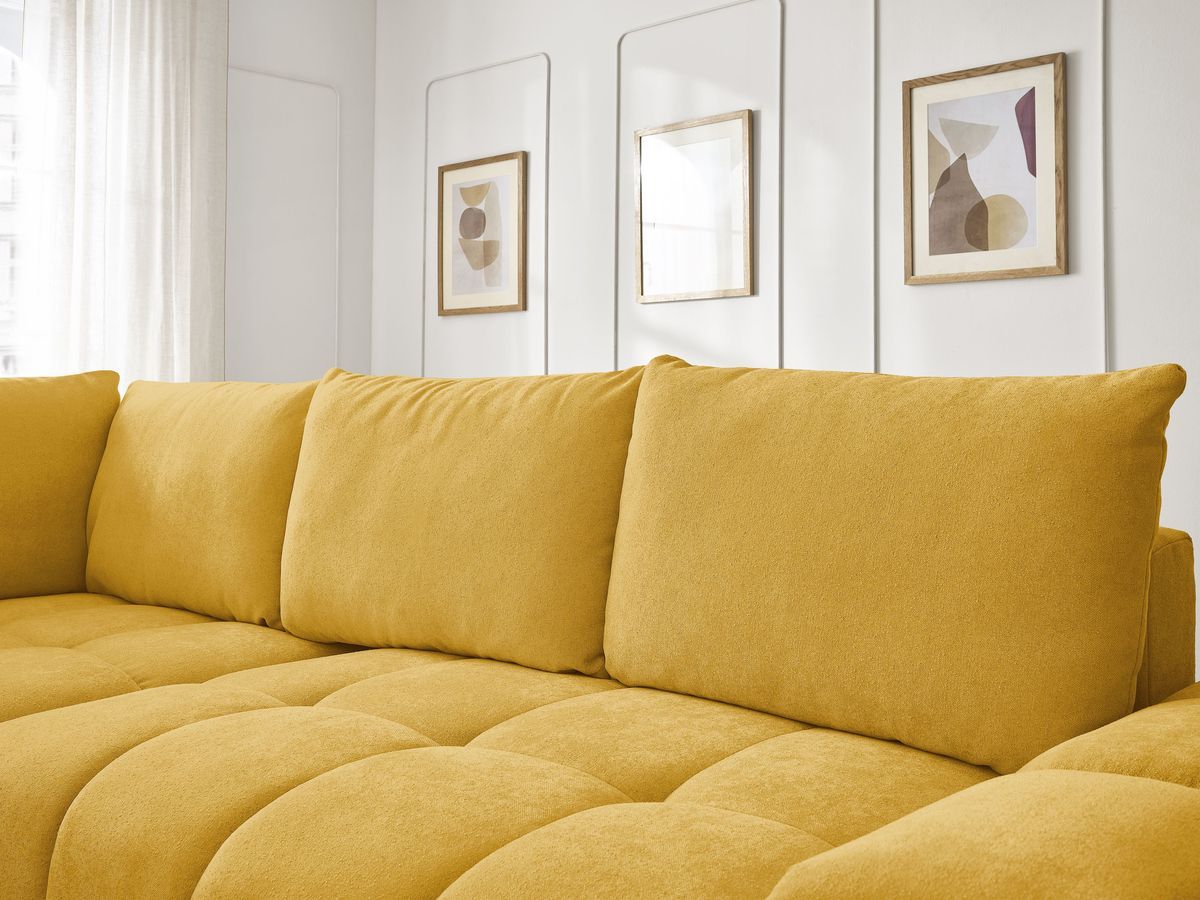 Bobochic Everest Ecksofa mit Schlaffunktion und Bettkasten 320 × 212 cm, 5 Kissen Strukturstoff Gelb Ecke links