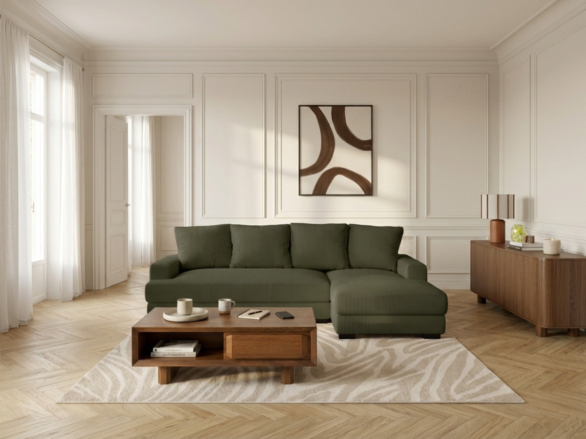Bobochic Campi Ecksofa mit Schlaffunktion und Bettkasten Cordsamt Grün Ecke rechts