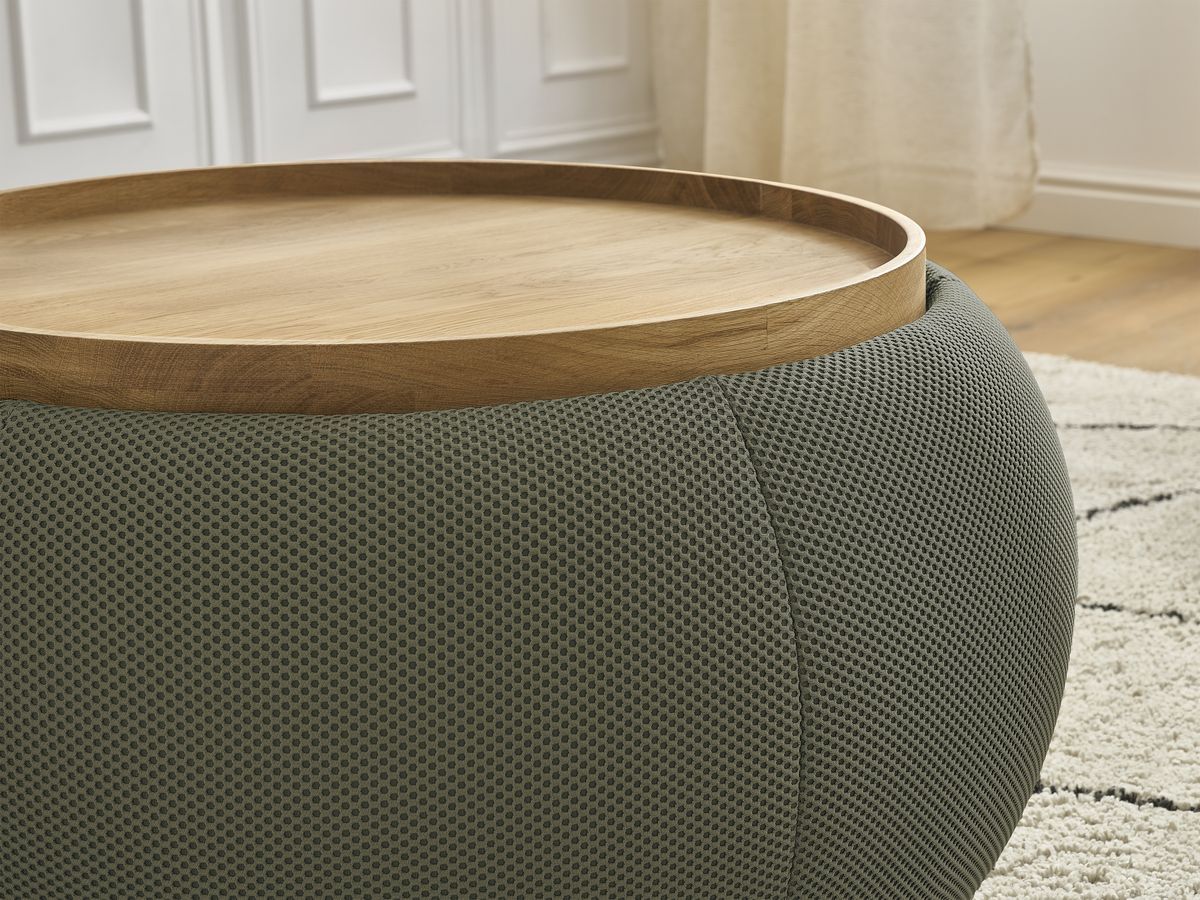 Bobochic Hayden Pouf mit Tablett, rund Mesh-Stoff Grün, 77 cm
