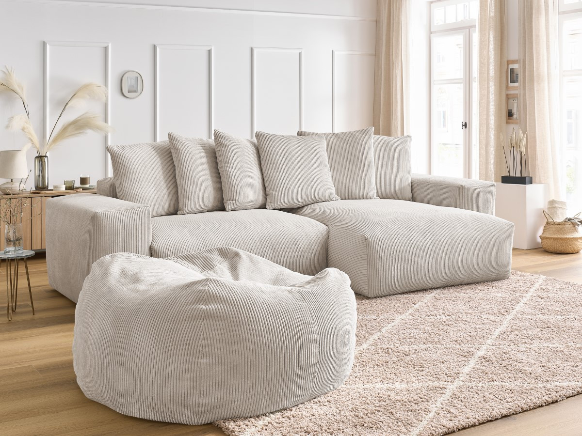 Bobochic Voltaire Ecksofa mit Pouf 310 × 174 cm Cordsamt Beige