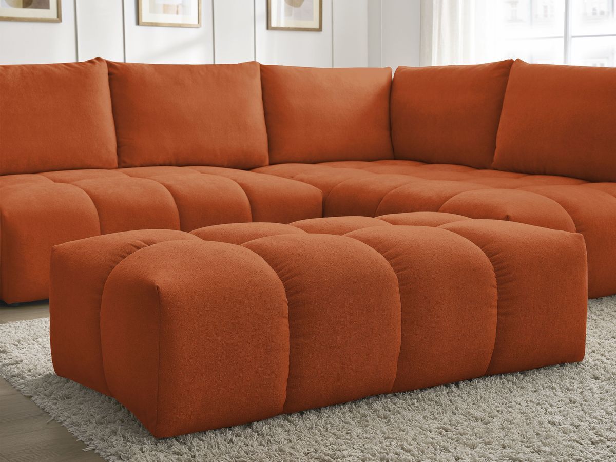 Bobochic Everest Ecksofa mit Schlaffunktion und Bettkasten und Pouf 320 × 212 cm, 5 Kissen Strukturstoff Orange Ecke rechts