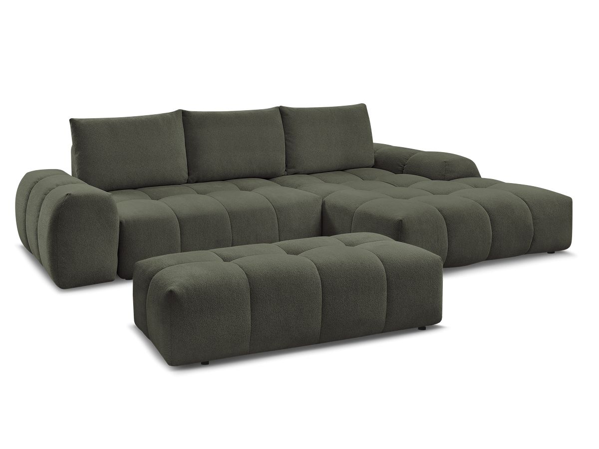 Bobochic Everest Ecksofa mit Schlaffunktion und Bettkasten und Pouf 318 × 180 cm, 3 Kissen Melange-Stoff Grün Ecke rechts