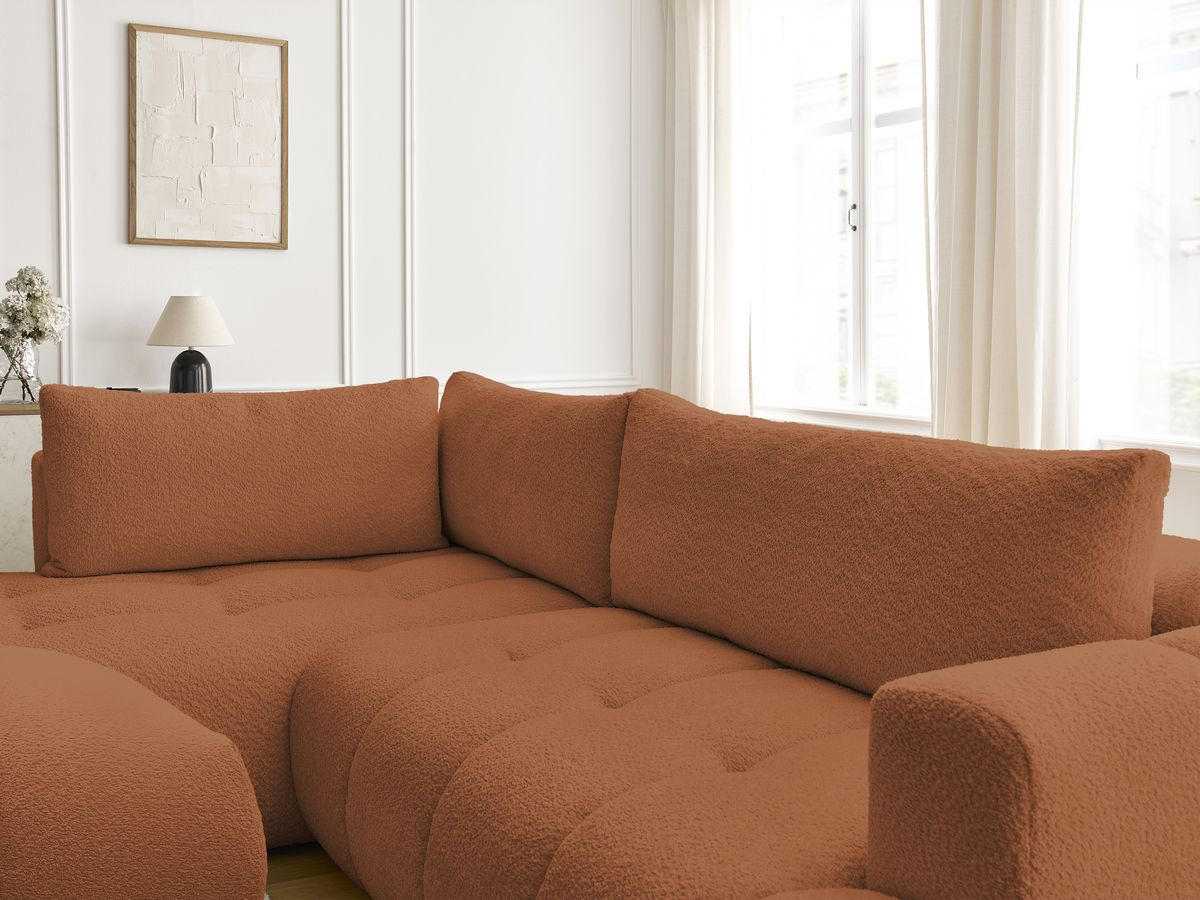 Bobochic Fuji Ecksofa mit Schlaffunktion und Bettkasten und Pouf 282 × 204 cm Bouclé-Stoff Orange Ecke links