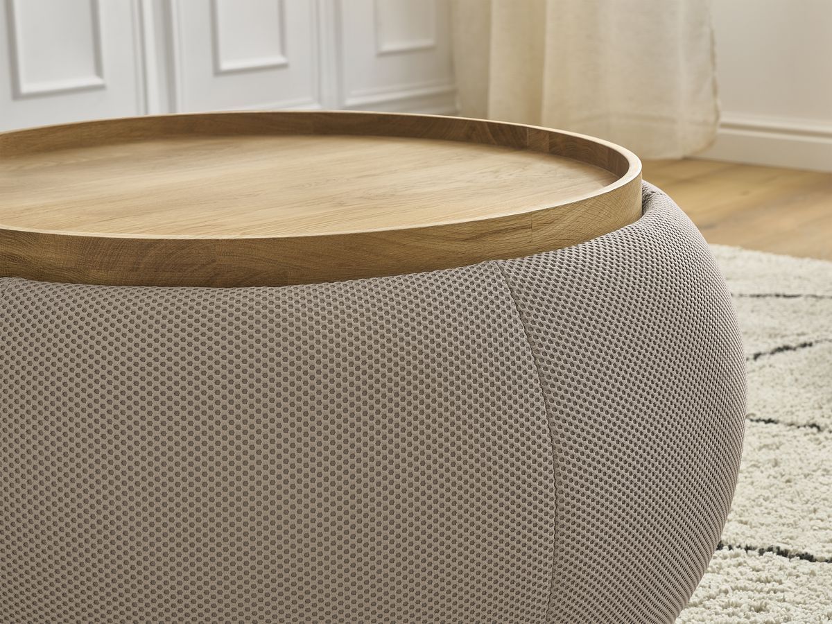 Bobochic Hayden Pouf mit Tablett, rund Mesh-Stoff Taupe, 77 cm