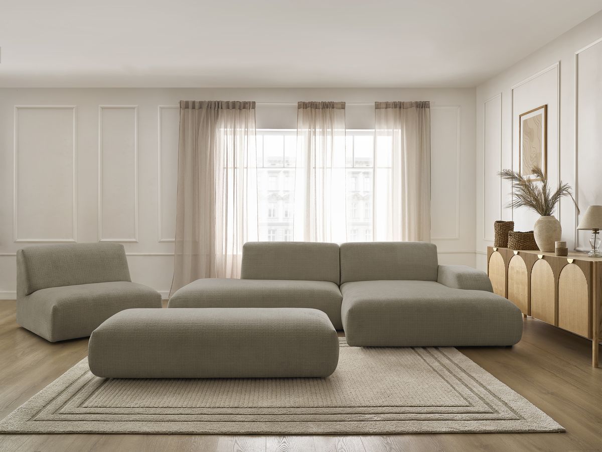 Bobochic Sirius Ecksofa mit Pouf 405 × 170 cm Strukturstoff Taupe Ecke rechts