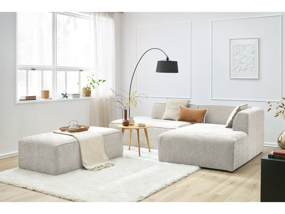 Bobochic Megeve Ecksofa mit Schlaffunktion und Pouf Strukturstoff Beige Ecke rechts