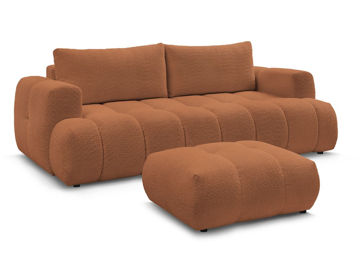 Bobochic Fuji Schlafsofa 3-Sitzer mit Bettkasten und Pouf Bouclé-Stoff Orange