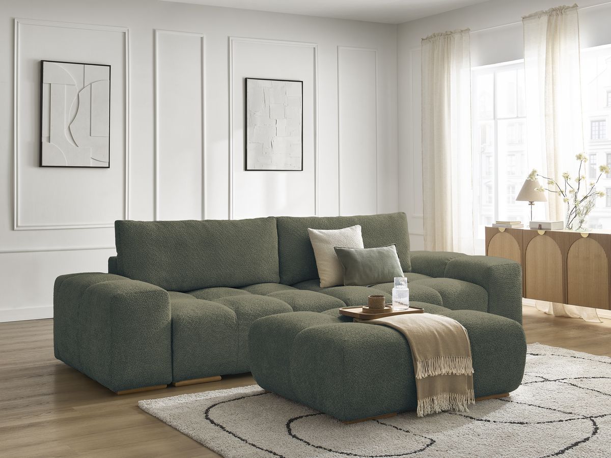 Bobochic Anakin Sofa 3-Sitzer mit Pouf, 2 Kissen Bouclé-Stoff Grün