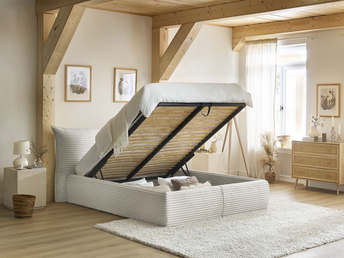 Bobochic Jade Polsterbett mit Bettkasten Cordsamt Beige, Liegefläche 160 × 200 cm