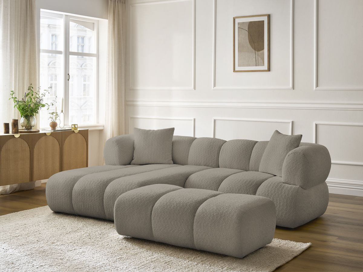 Bobochic Pamira Ecksofa mit Pouf Bouclé-Stoff Taupe Ecke links