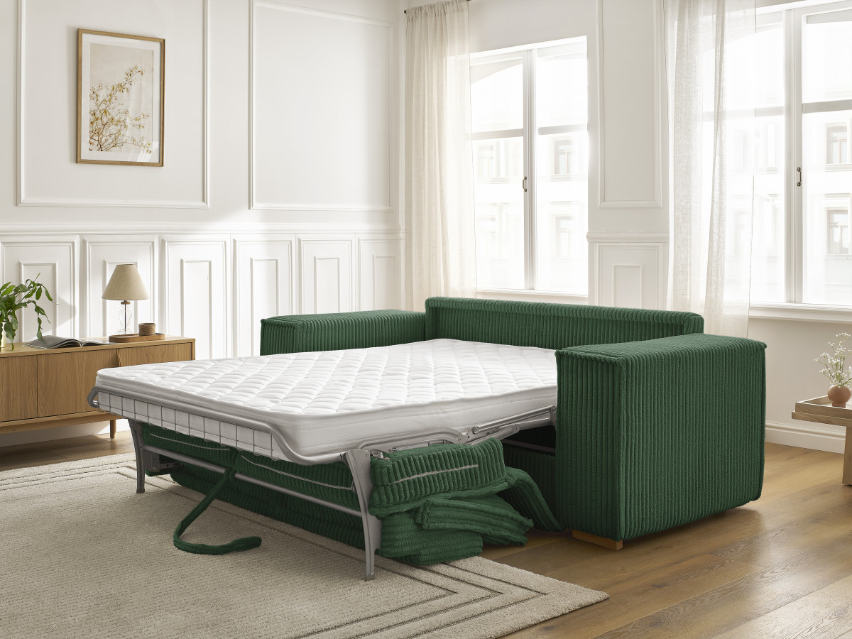 Bobochic Chelsea Schlafsofa 3-Sitzer Cordsamt Grün, Liegefläche 140 × 200 cm
