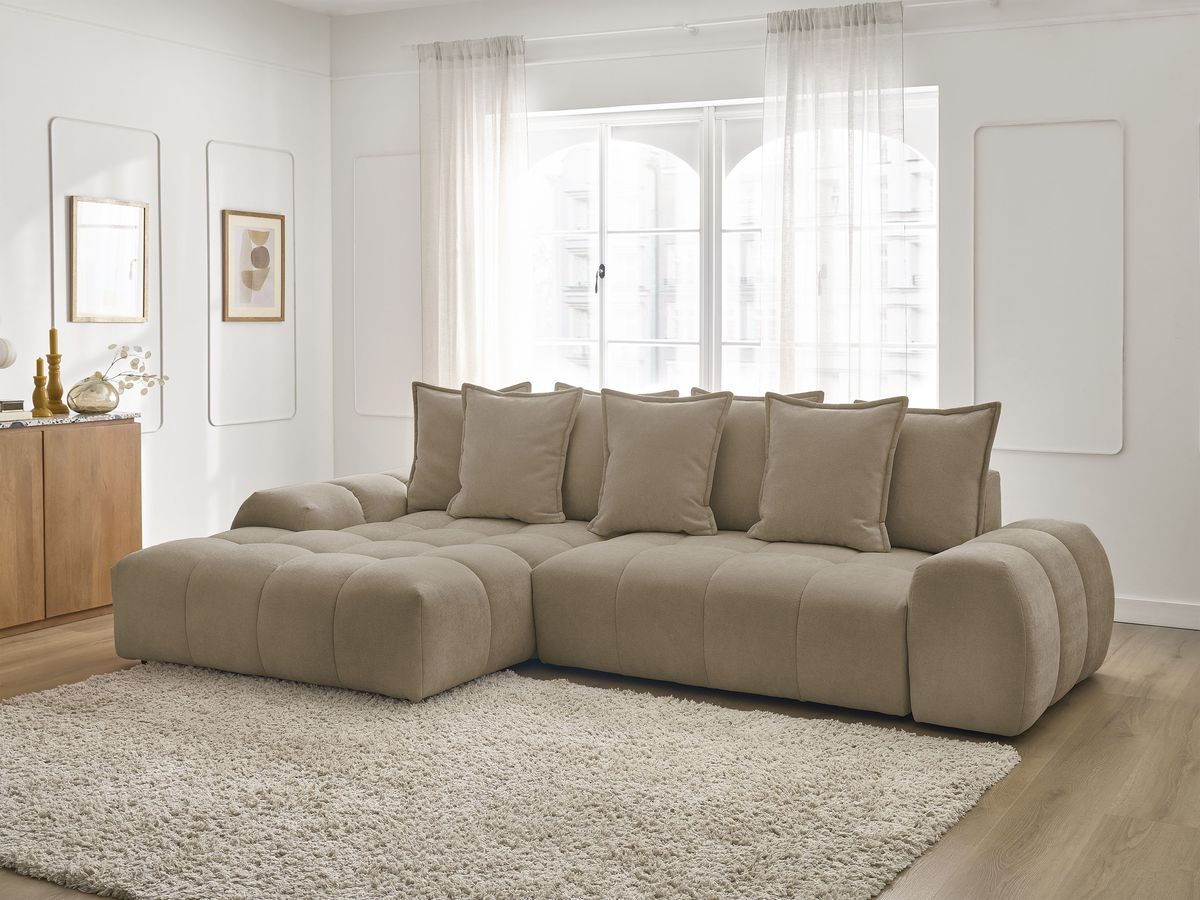 Bobochic Everest Ecksofa mit Schlaffunktion und Bettkasten 318 × 180 cm, 7 Kissen Strukturstoff Taupe Ecke links