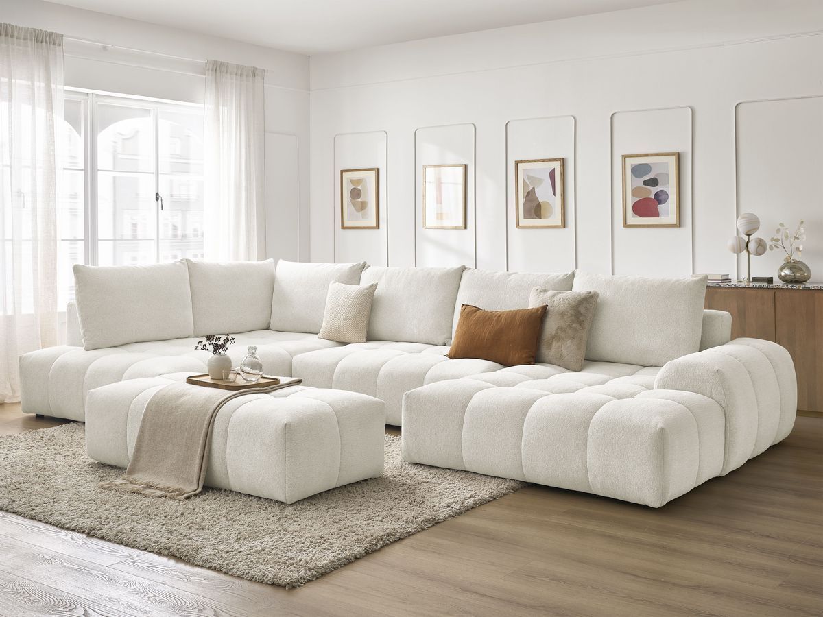 Bobochic Everest Wohnlandschaft mit Pouf, 6 Kissen Melange-Stoff Weiß Ecke rechts