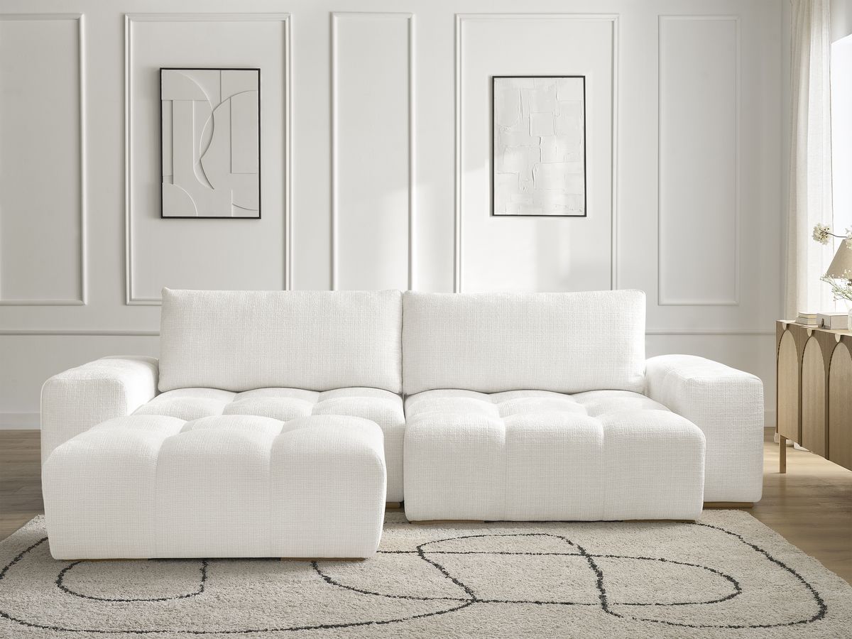 Bobochic Anakin Ecksofa mit Pouf, 2 Kissen Strukturstoff Weiß