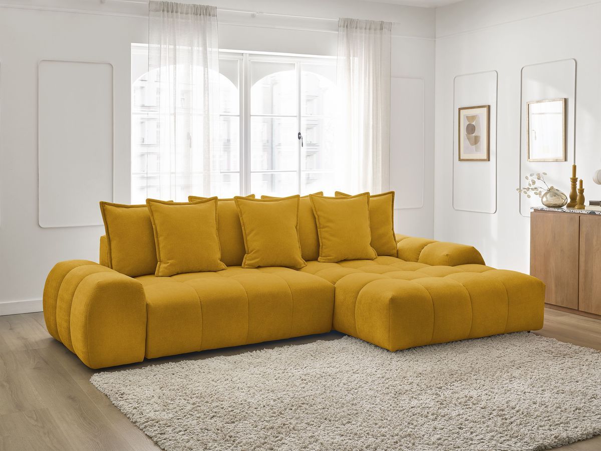 Bobochic Everest Ecksofa mit Schlaffunktion und Bettkasten 318 × 180 cm, 7 Kissen Strukturstoff Gelb Ecke rechts