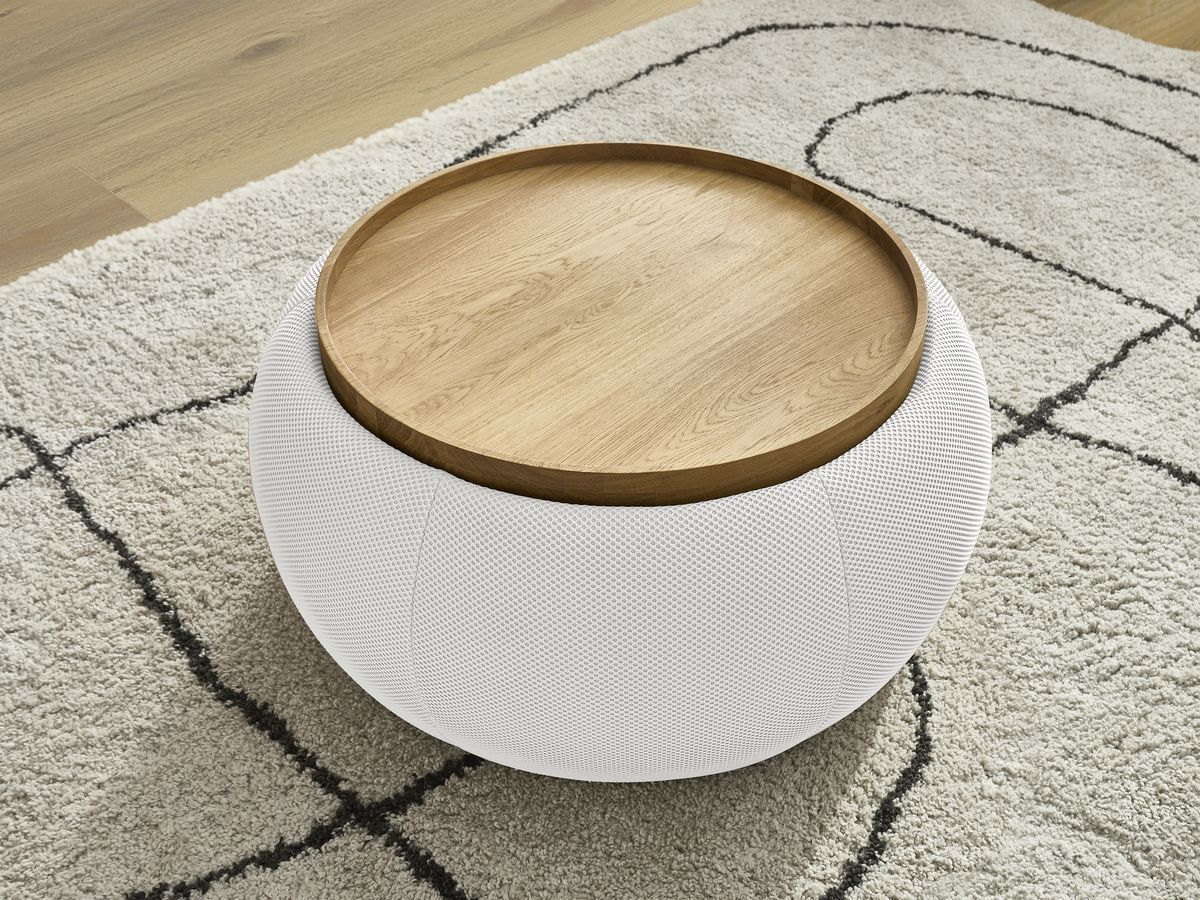 Bobochic Hayden Pouf mit Tablett, rund Mesh-Stoff Weiß, 77 cm