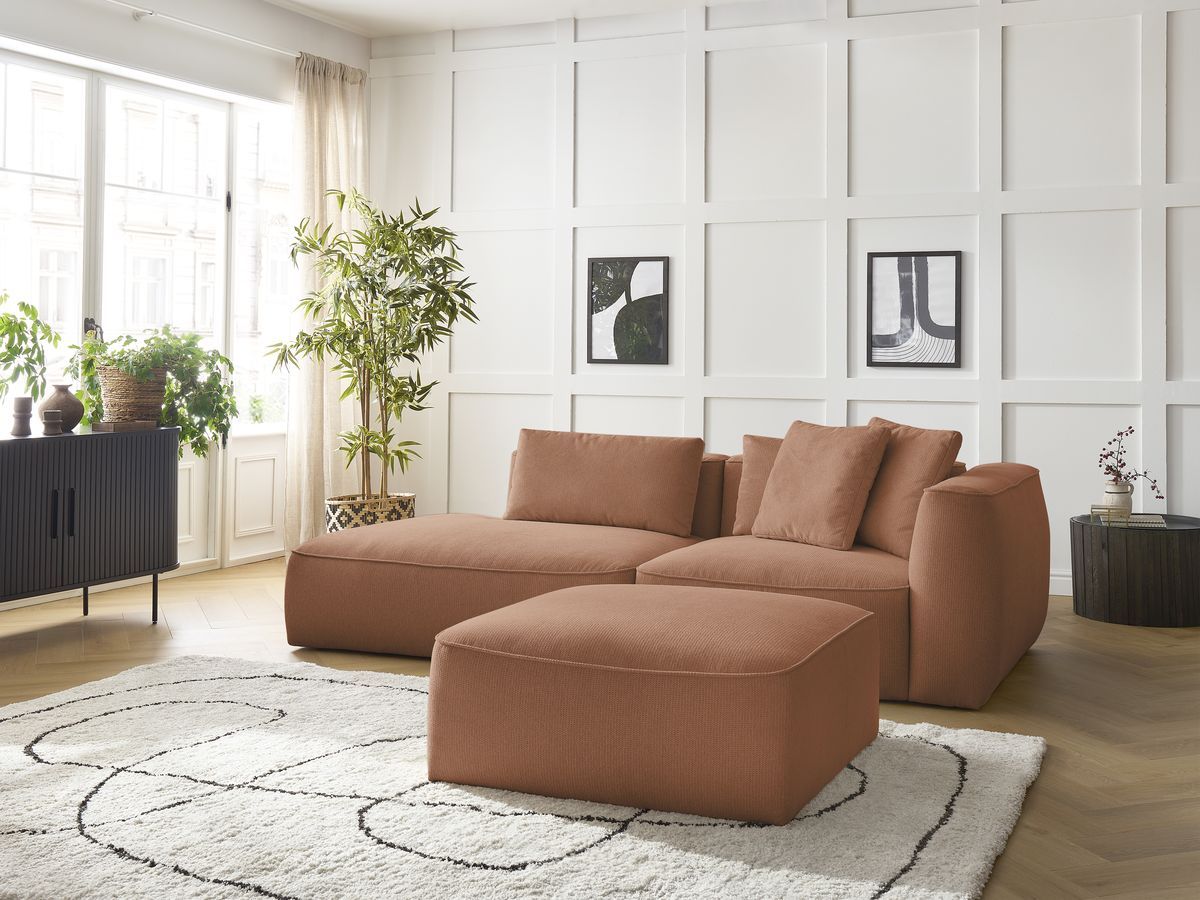 Bobochic Leopold Sofa 4-Sitzer mit Pouf Melange-Stoff Orange Armlehne rechts