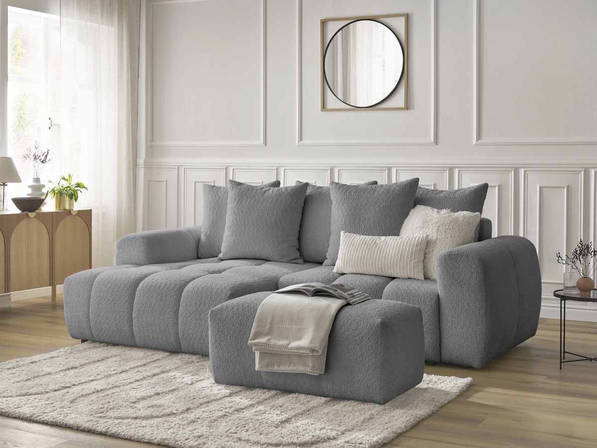 Bobochic Roxelane Ecksofa mit Schlaffunktion und Bettkasten und Pouf 258 × 150 cm Bouclé-Stoff Dunkelgrau Ecke links