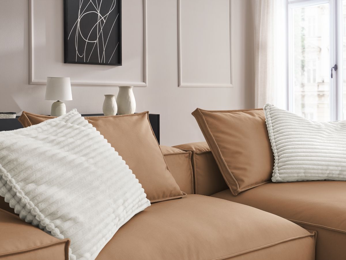 Bobochic Boheme Ecksofa, 3 Kissen Kunstleder Hellbraun