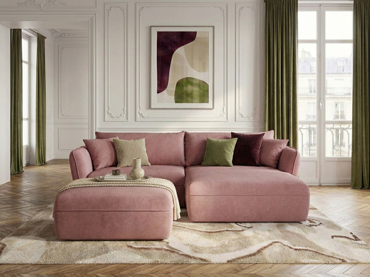 Bobochic Luigi Ecksofa mit Pouf Strukturstoff Rosa Ecke rechts