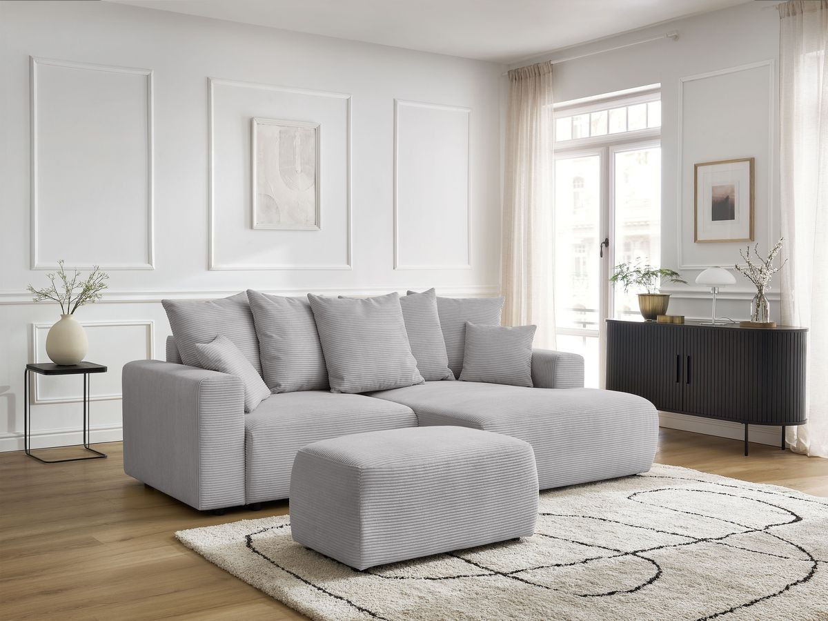 Bobochic Atilla Ecksofa mit Schlaffunktion und Bettkasten und Pouf Cordsamt Hellgrau Ecke rechts