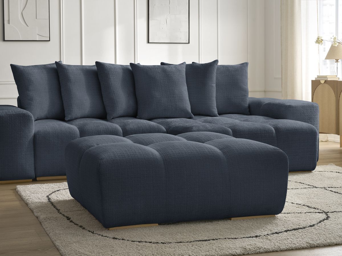 Bobochic Anakin Ecksofa mit Schlaffunktion und Bettkasten und Pouf, 6 Kissen Strukturstoff Dunkelblau