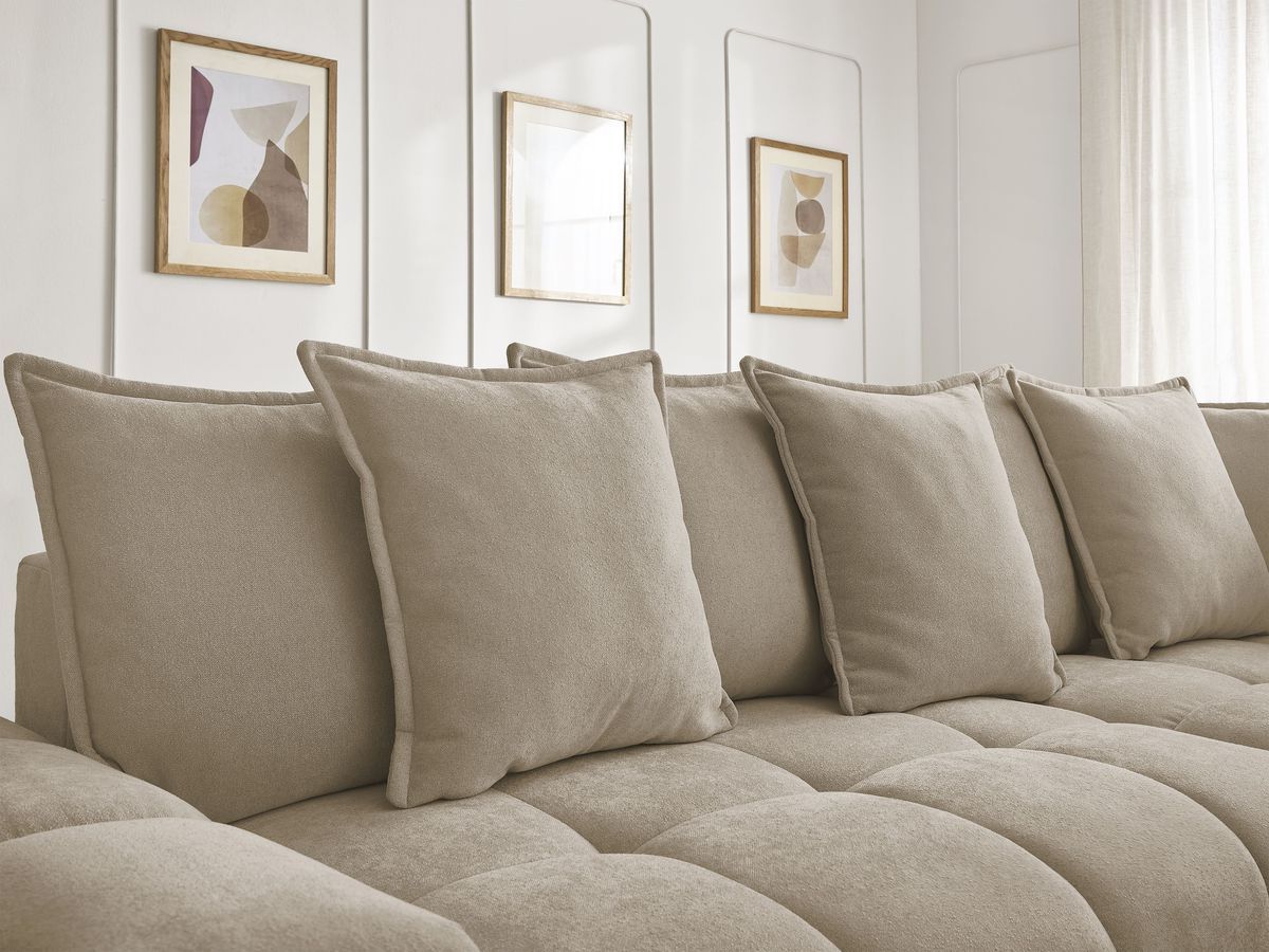 Bobochic Everest Ecksofa mit Schlaffunktion und Bettkasten 320 × 212 cm, 10 Kissen Strukturstoff Taupe Ecke rechts