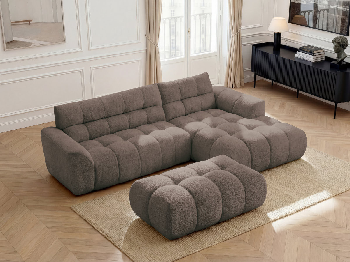 Bobochic Jaya Ecksofa mit Pouf Chenille Taupe Ecke rechts