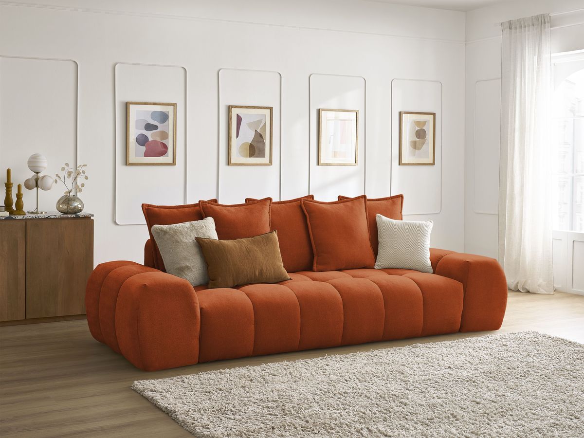 Bobochic Everest Schlafsofa 3-Sitzer mit Bettkasten, 5 Kissen Strukturstoff Orange