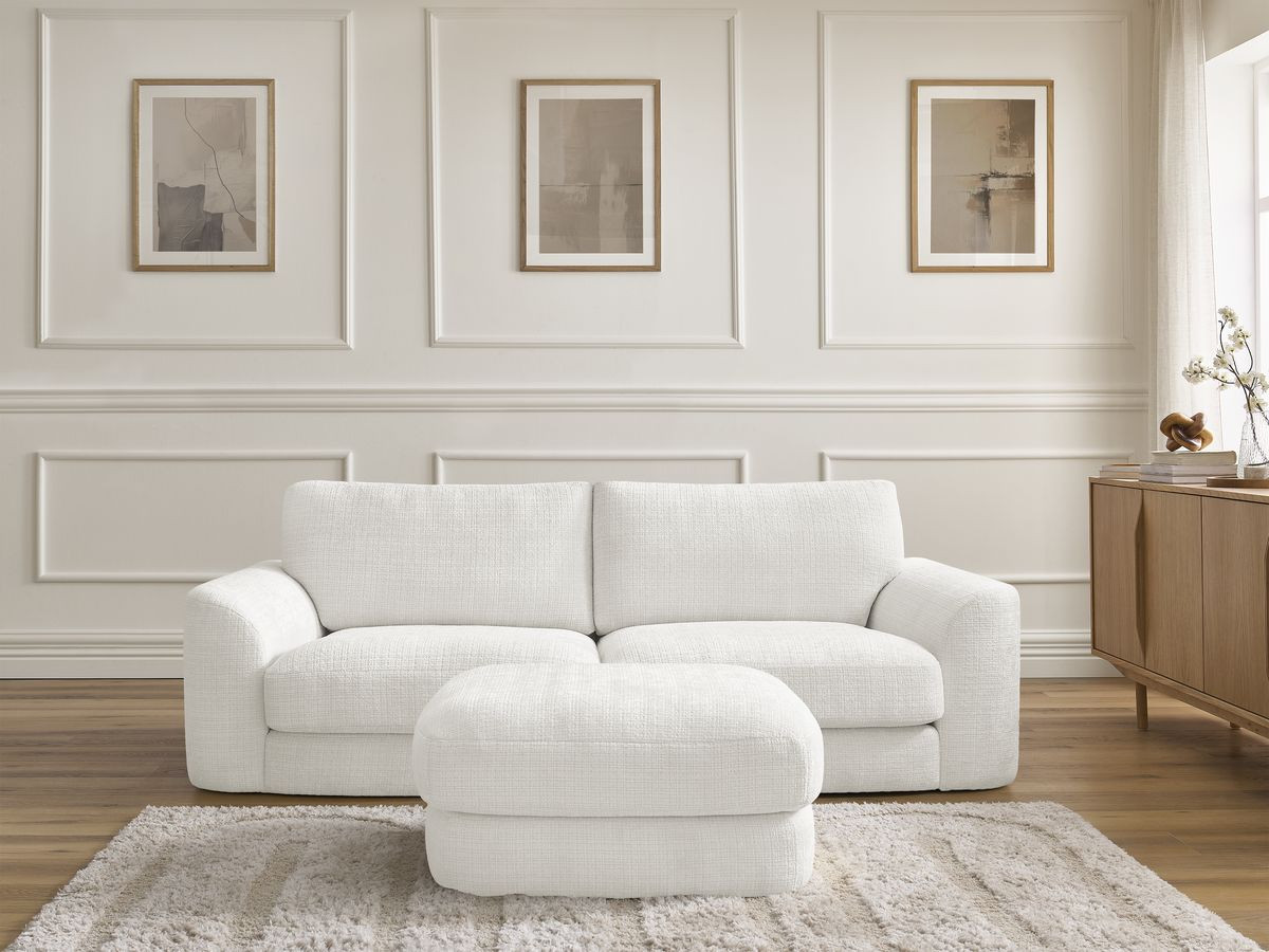 Bobochic Leonore Sofa 3-Sitzer mit Pouf Strukturstoff Weiß