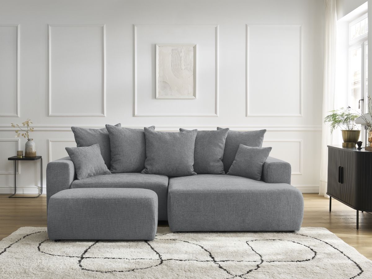 Bobochic Atilla Ecksofa mit Schlaffunktion und Bettkasten und Pouf Strukturstoff Dunkelgrau Ecke rechts