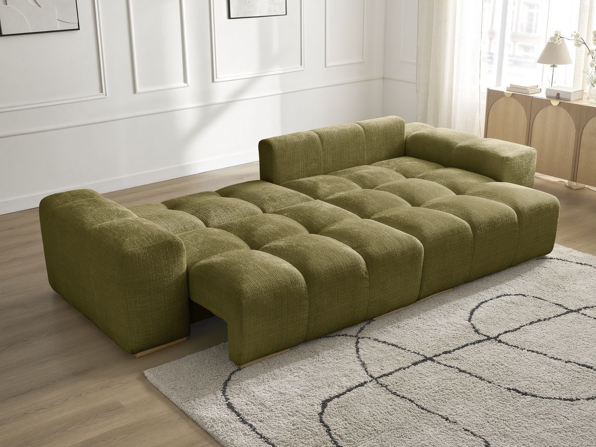 Bobochic Anakin Ecksofa mit Schlaffunktion und Bettkasten, 6 Kissen Strukturstoff Grün