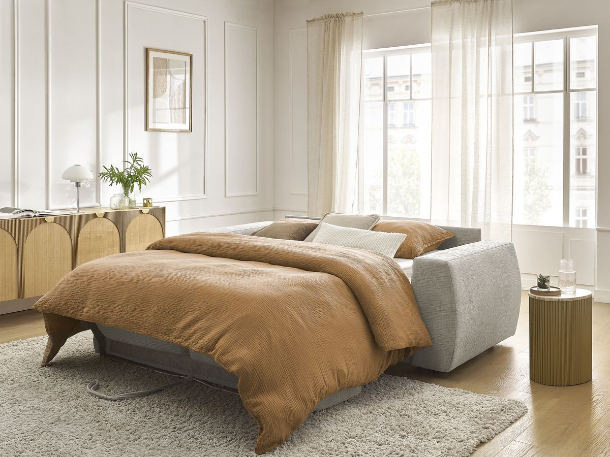 Bobochic Hugo Schlafsofa 3-Sitzer Strukturstoff Beige, Liegefläche 160 × 190 cm