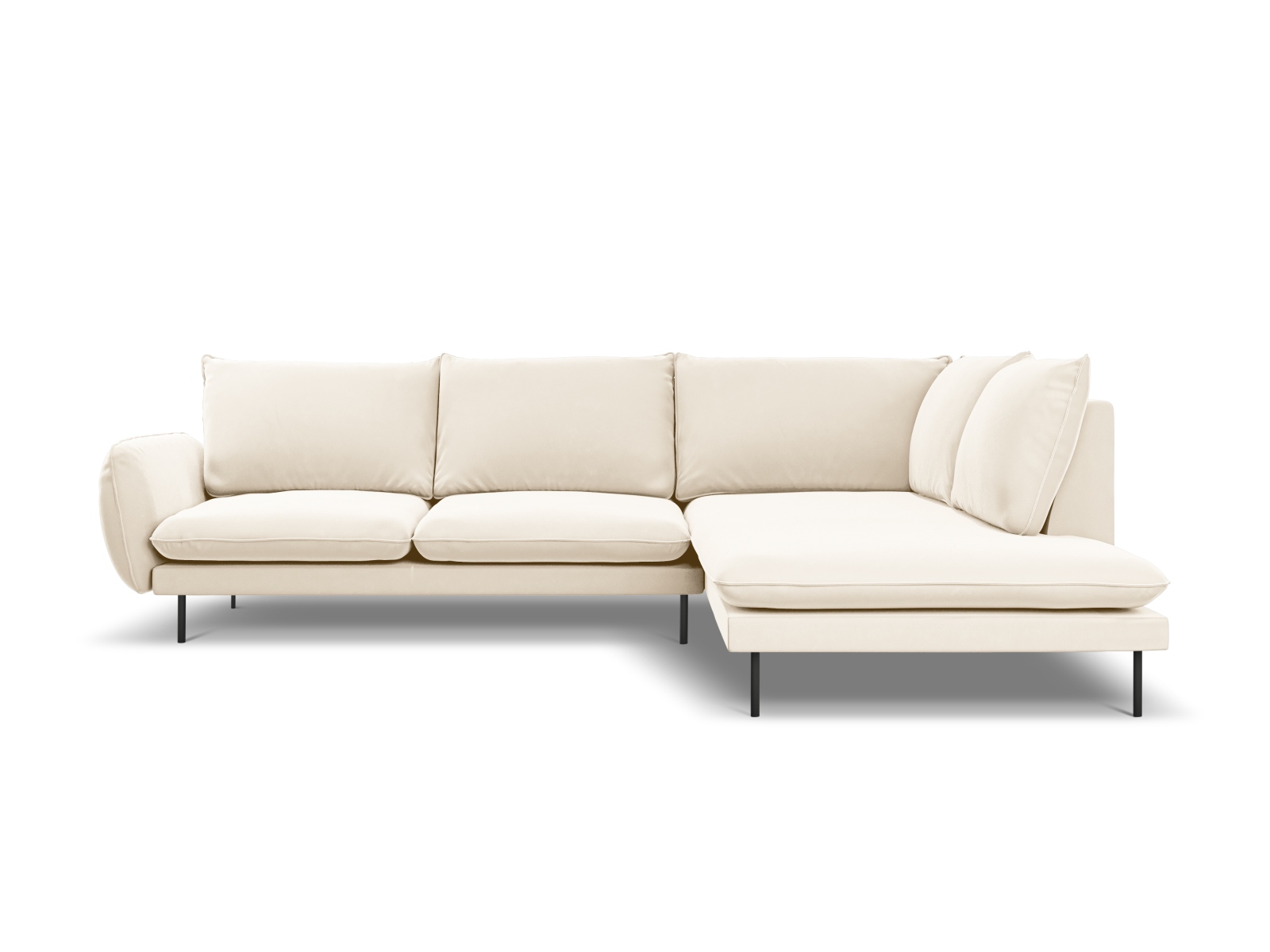 Cosmopolitan Design Ecksofa Vienna 6-Sitzer Samt Bluvel Helles Beige Rechts Beine Schwarzes Metall