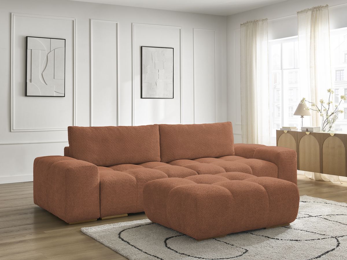 Bobochic Anakin Sofa 3-Sitzer mit Pouf, 2 Kissen Bouclé-Stoff Orange