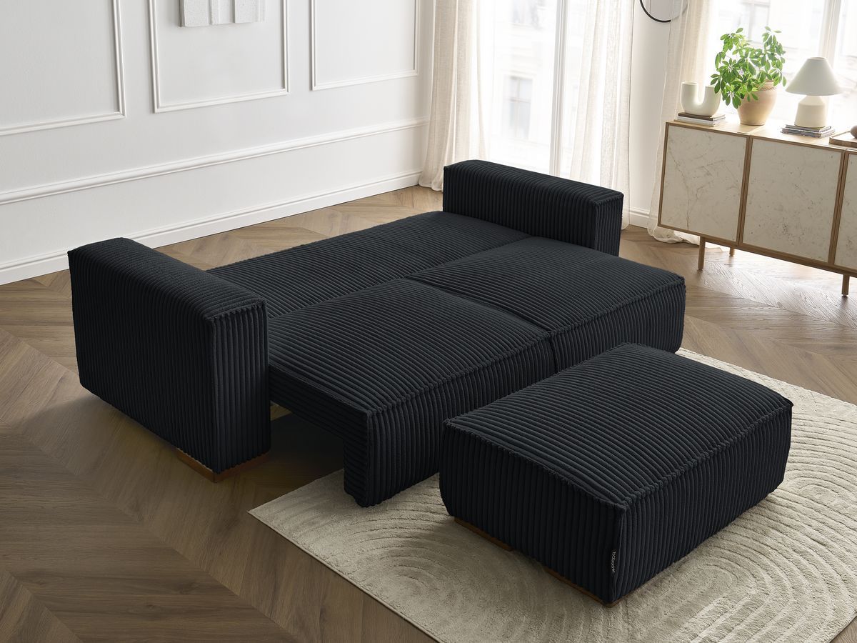 Bobochic Chelsea Schlafsofa 4-Sitzer mit Bettkasten und Pouf Breitcord weich Schwarz
