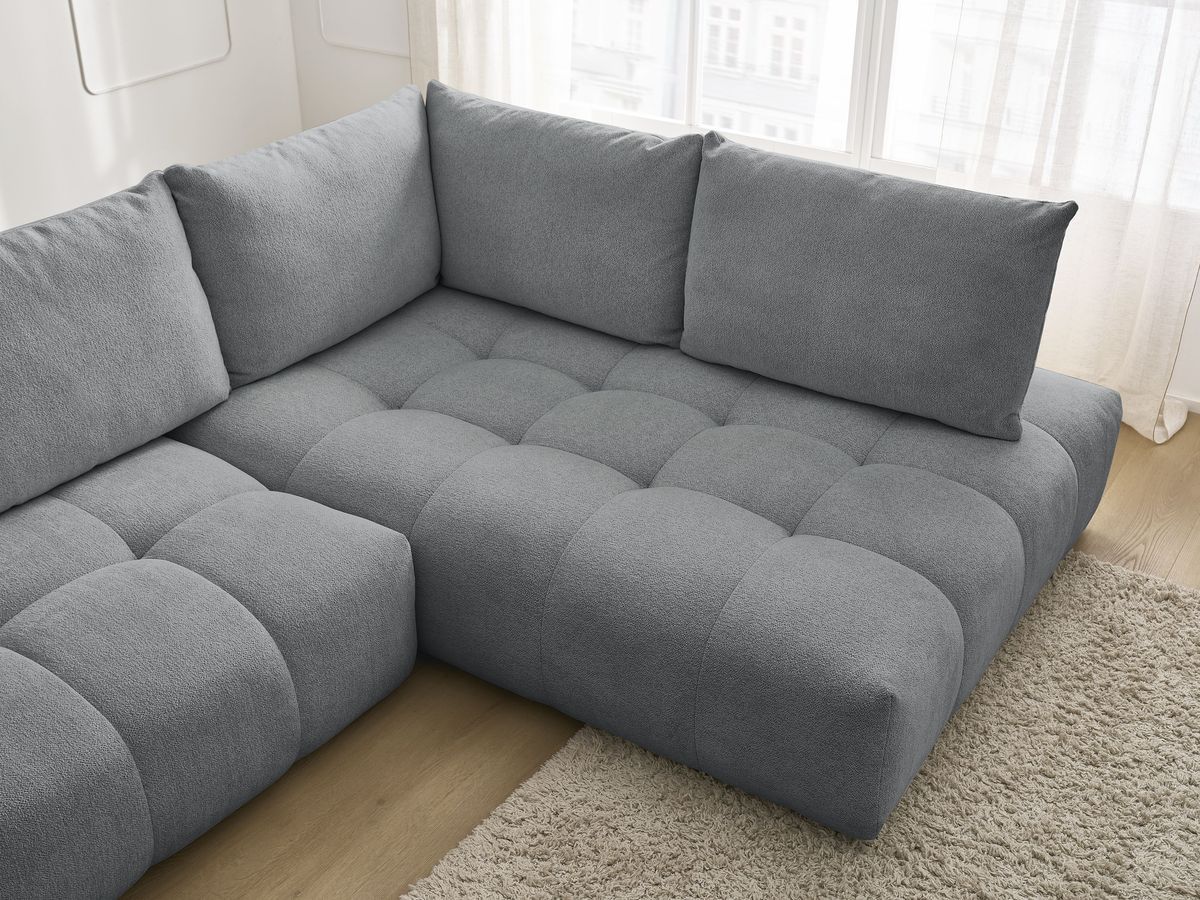 Bobochic Everest Ecksofa mit Schlaffunktion und Bettkasten 320 × 212 cm, 5 Kissen Melange-Stoff Dunkelgrau Ecke rechts