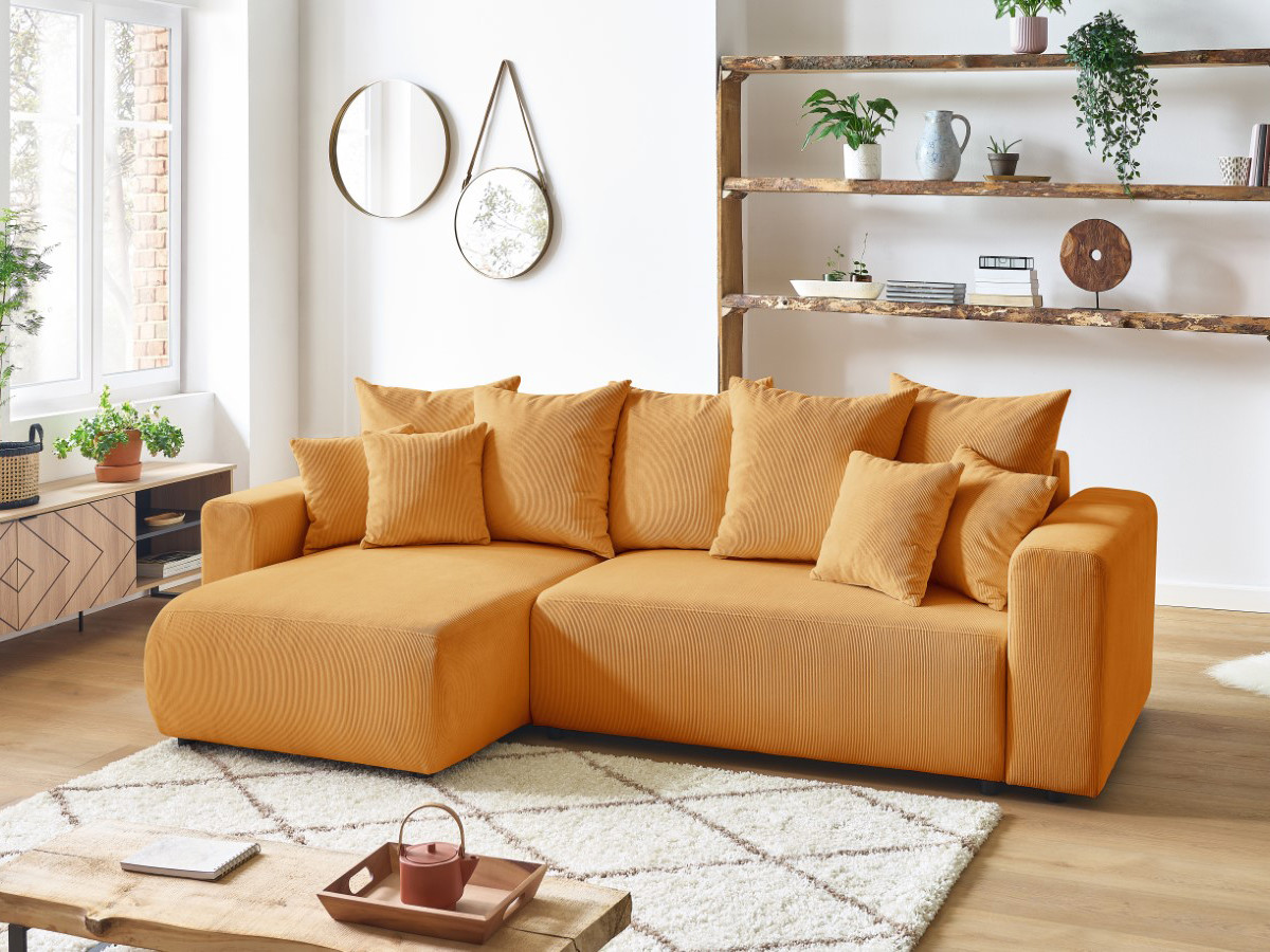 Bobochic Envy Ecksofa mit Schlaffunktion und Bettkasten Cordsamt Gelb