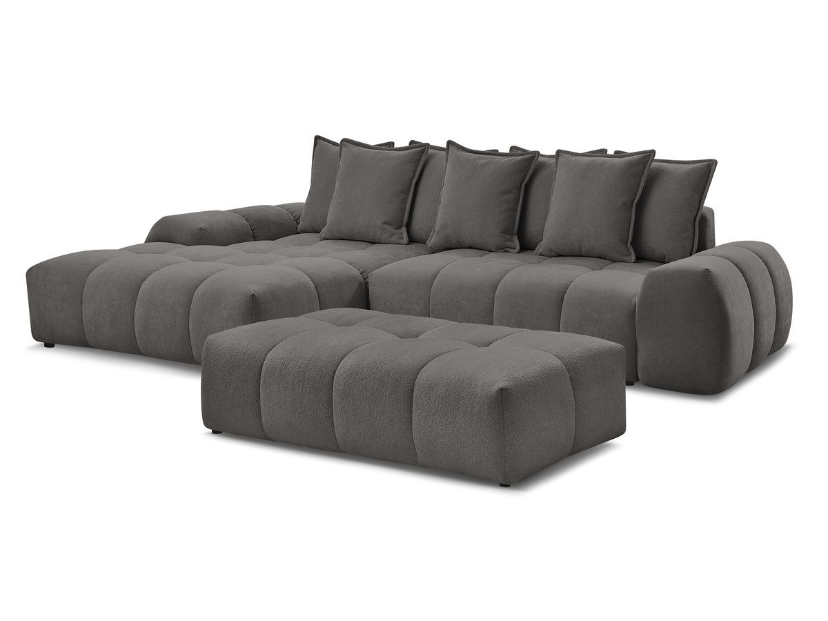 Bobochic Everest Ecksofa mit Schlaffunktion und Bettkasten und Pouf 318 × 180 cm, 7 Kissen Strukturstoff Dunkelgrau Ecke links