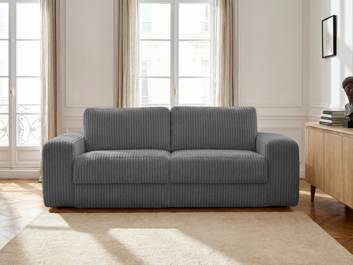 Bobochic Ibiza Schlafsofa 3-Sitzer Cordsamt Dunkelgrau, Liegefläche 140 × 196 cm