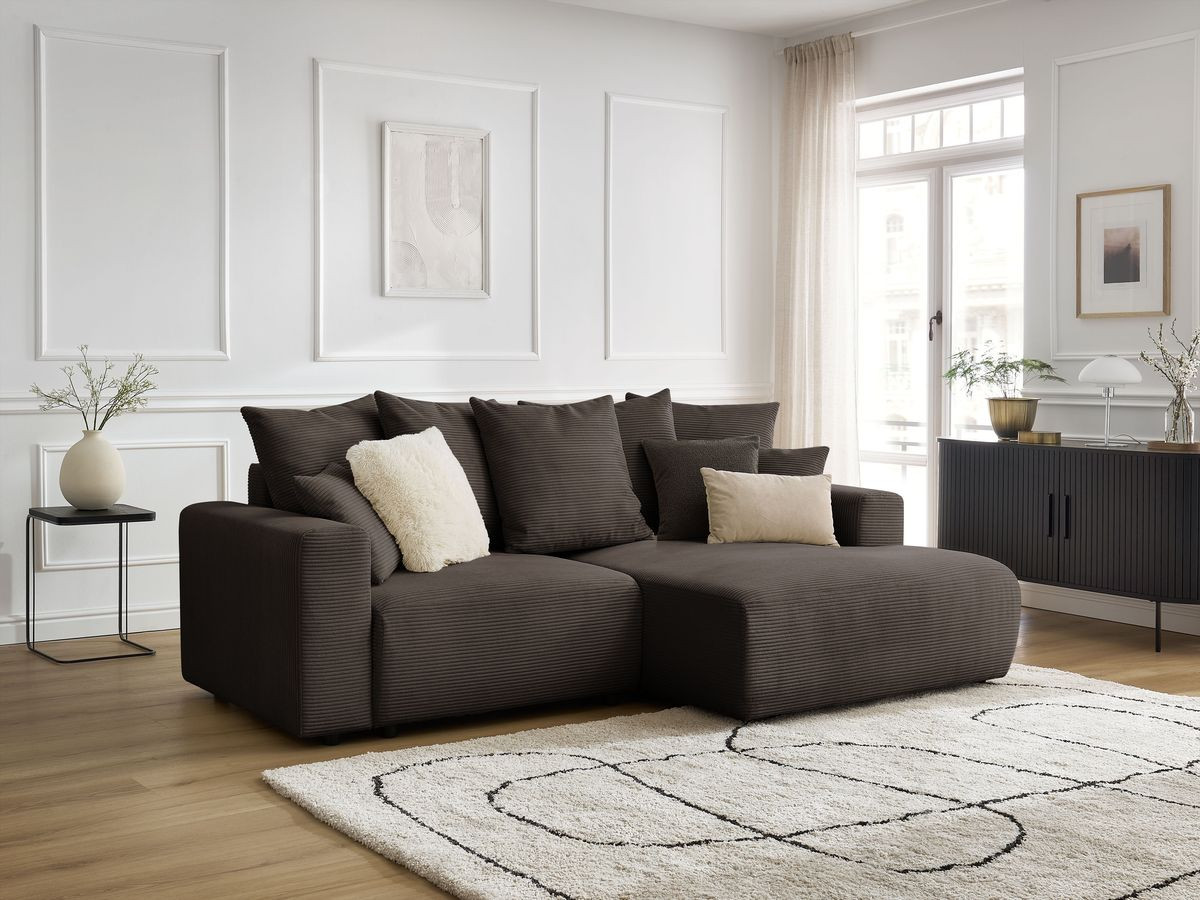 Bobochic Atilla Ecksofa mit Schlaffunktion und Bettkasten Cordsamt Taupe Ecke rechts