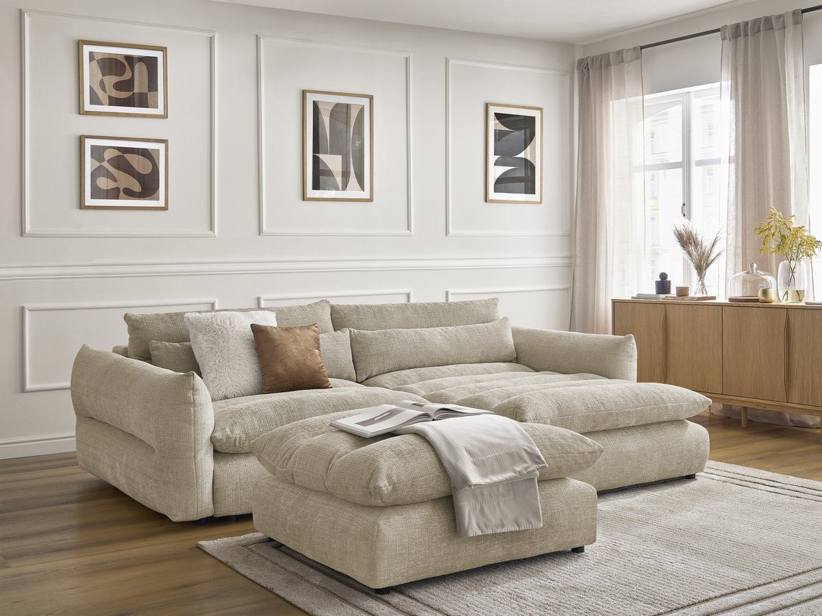 Bobochic Neil Ecksofa mit Pouf Strukturstoff Beige Ecke rechts