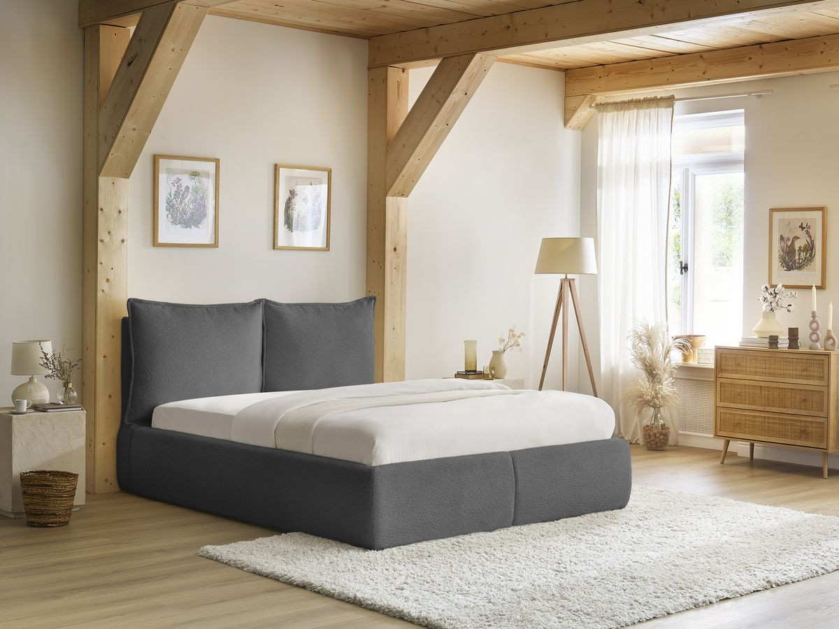 Bobochic Garance Polsterbett mit Bettkasten Bouclé-Stoff Dunkelgrau, Liegefläche 160 × 200 cm