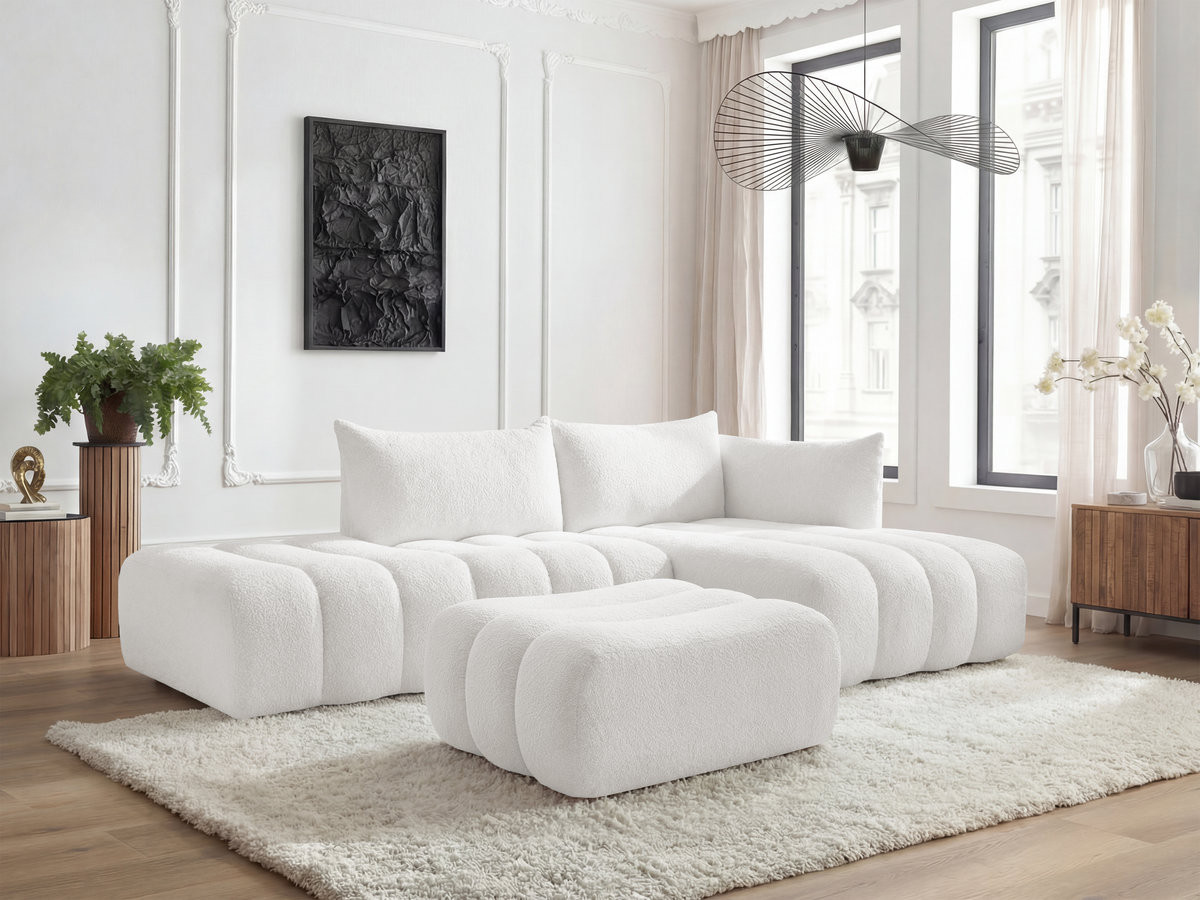 Bobochic Azra Ecksofa mit Pouf 319 × 178 cm Bouclé-Stoff Weiß Ecke rechts