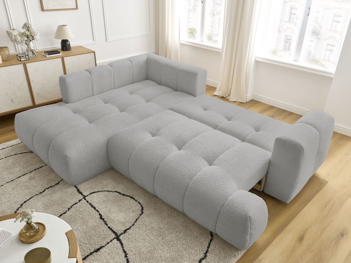 Bobochic Fuji Ecksofa mit Schlaffunktion und Bettkasten 282 × 204 cm Bouclé-Stoff Hellgrau Ecke links