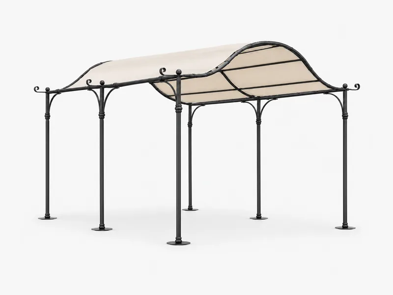 Gartenpavillon mit dunklem Metallgestell und hellem geschwungenem Dach